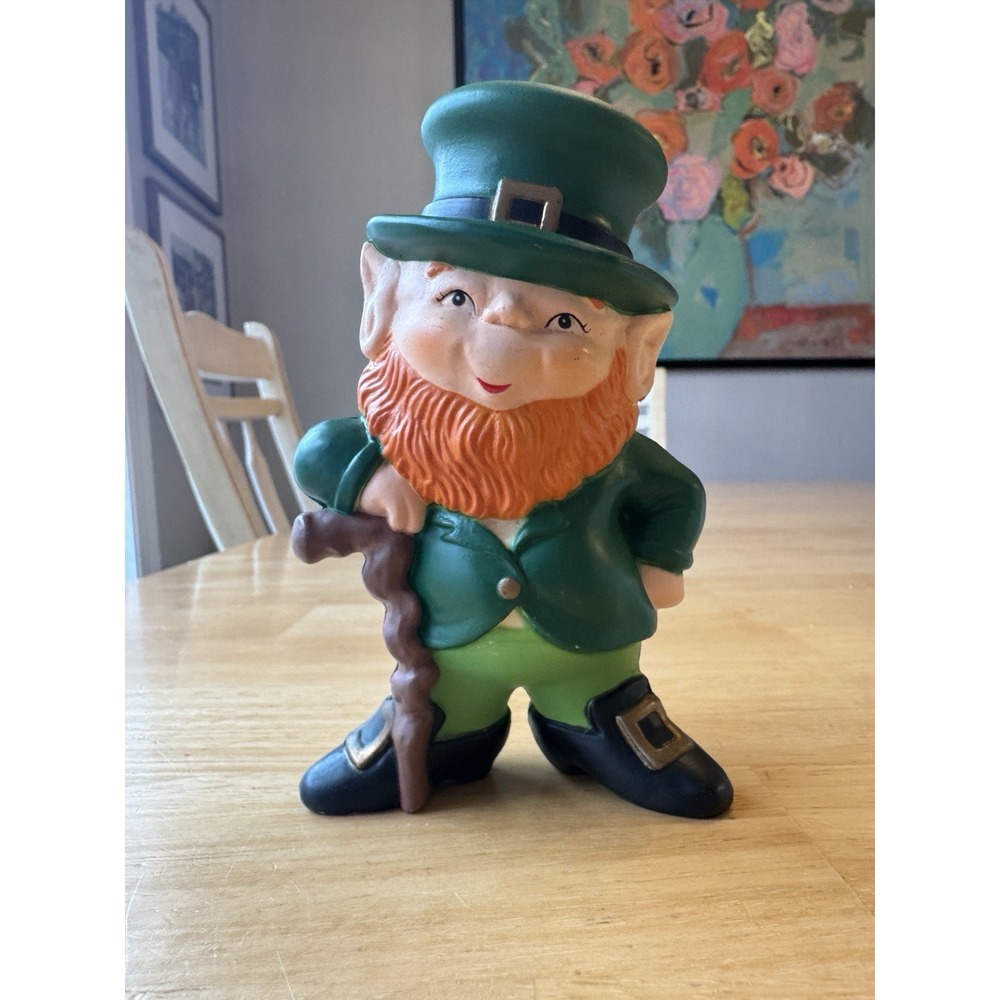 Vintage Enesco Leprechaun Piggy Bank Plastic Irish St. Patrick's 1985 Green
